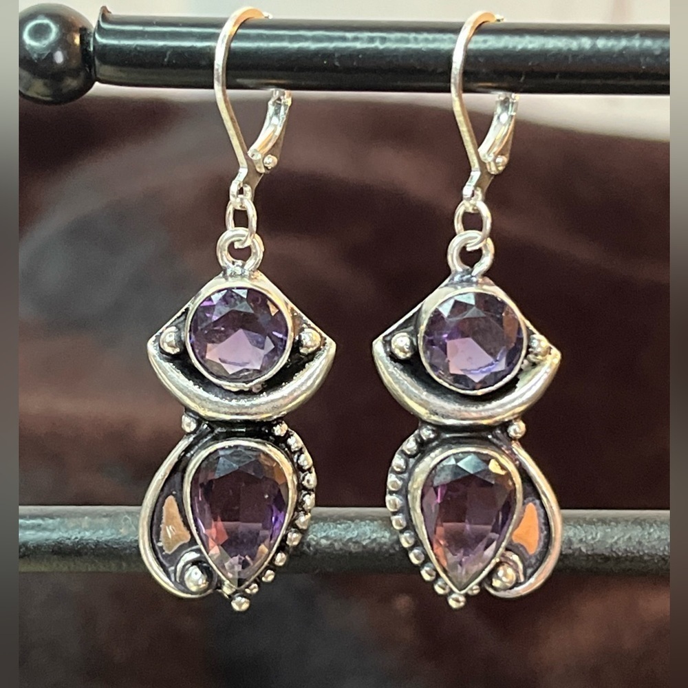 Sterling Silver Amethyst Drop Earrings - Purple Teardrop Dangle